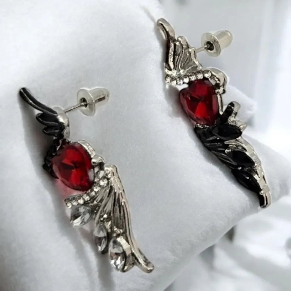 Gothic Winged Red Heart Earrings Silver Angel Wings Edgy Baddie Goth Jewelry NWT